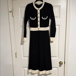 Black Knit Long-Sleeve Dress with Cream Trim